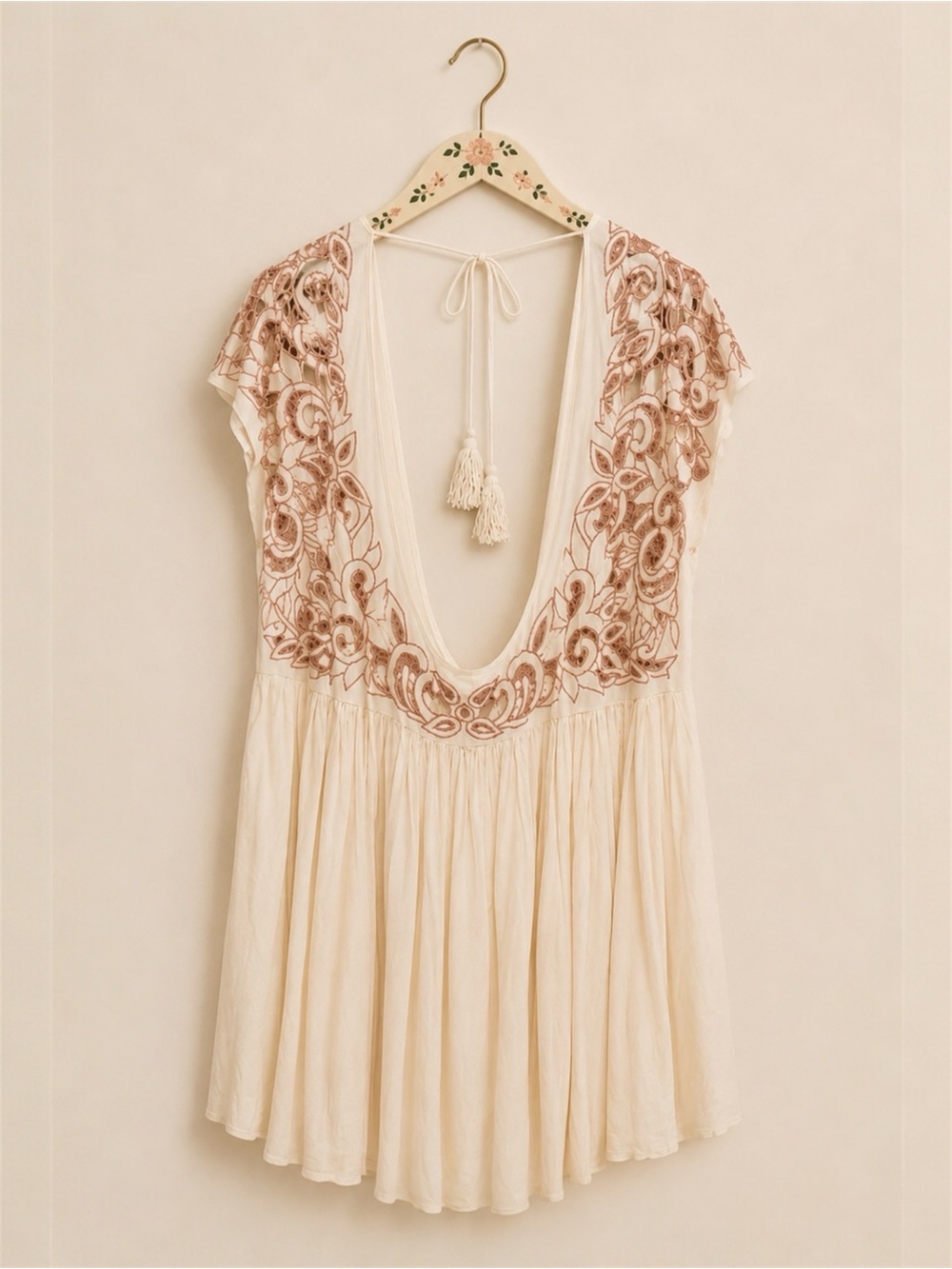 Free People Ayu Nude Floral Cutout Tunic Dress Medium Boho Festival Oversized - Picture 8 of 12